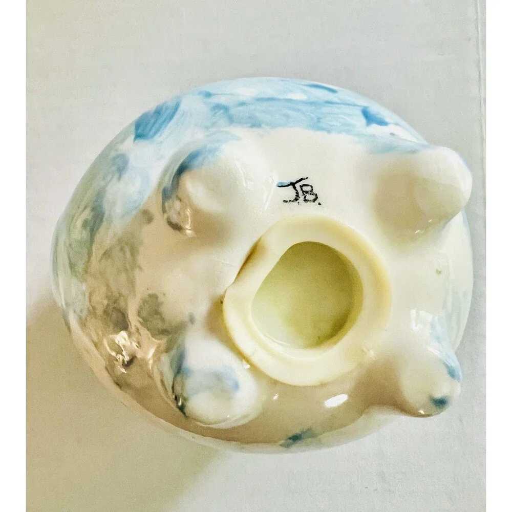 Handmade Ceramic Pottery Piggy Bank Blue White Swirled  Spongeware